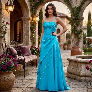 NWT City Triangles Y2K Blue Turquoise Prom Gown Beaded Mermaidcore Dress 3/4